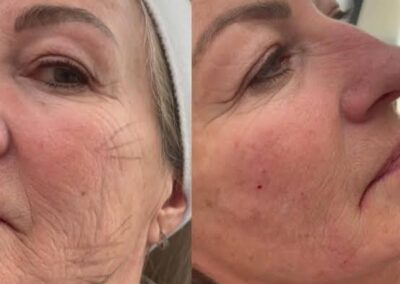 Side-by-side close-up of a womans face, showing visible wrinkles and fine lines on the left and smoother skin with reduced wrinkles on the right, highlighting the results of a skincare or cosmetic treatment.