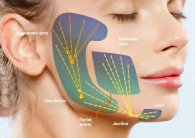 A woman with her eyes closed, showing a diagram of facial muscle areas and pathways over her cheek, jaw, and temple, labeled with terms like temporal arch, facial stay, and jawline.
