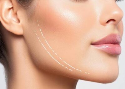 A close-up of a womans lower face showing smooth skin and full lips, with two white dotted lines drawn along her jawline, possibly indicating a cosmetic procedure area.